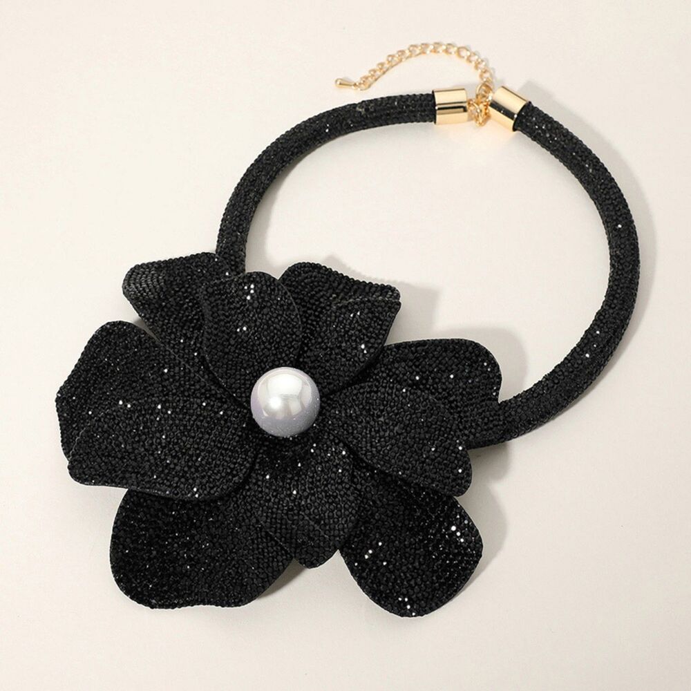 Jet Black Bling Studded Pearl Flower Pendant Bold Statement Necklace